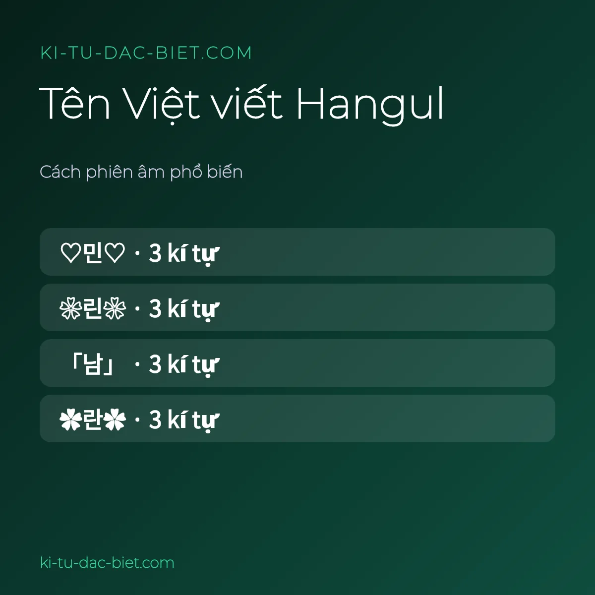 Tên Việt viết Hangul kèm số kí tự